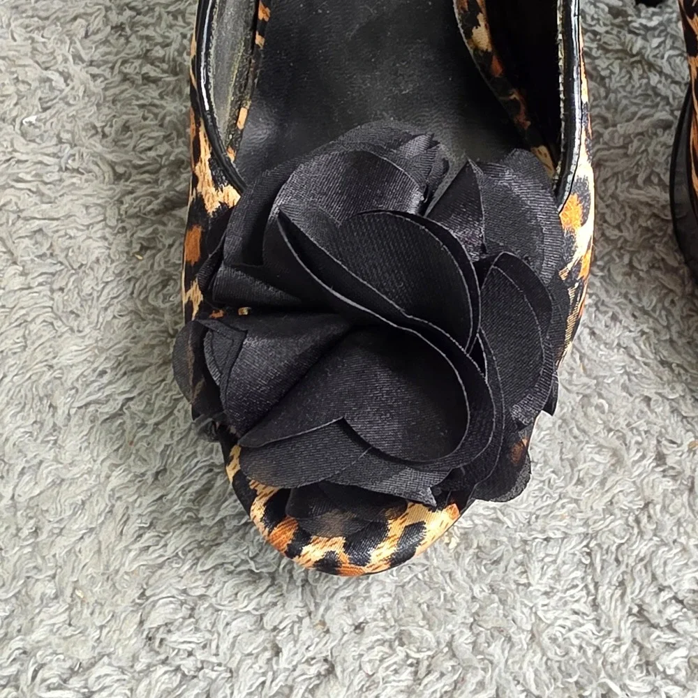 VTG Dollhouse Platform Peep Toe Leopard Black Flower Slingback Heels Sz‎ 6.5-7